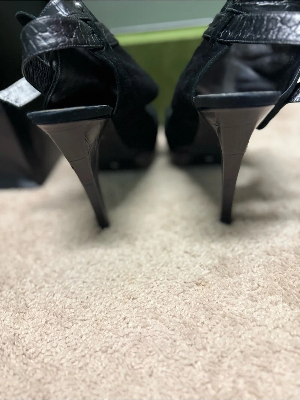 Guess by Marciano Black Suede Ankle Strap Peep-Toe Heels